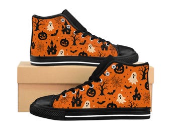 Orange Halloween High Top Sneakers | Spooky Pumpkin Ghost Canvas Shoes | Custom Halloween Shoes Gift l Birthday Gift l Gift for him