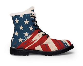 4th of July American Flag Fur Lined Boots | Custom Sneakers Canvas Boots | High Top Canvas Shoes Women | Streetwear Sneakers | Gift for him