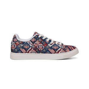 May include: A low-top trainer featuring a repeating pattern of USA-themed graphics, including American flags, footballs, stars, and shields with the text USA. The shoe has white laces, a white rubber sole, and a white interior lining.