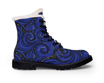 Blaue Katana Fell gefütterte Stiefel | Benutzerdefinierte Sneakers Canvas Boots | High Top Canvas Schuhe Damen | Streetwear-Turnschuhe | Geschenk für Sie