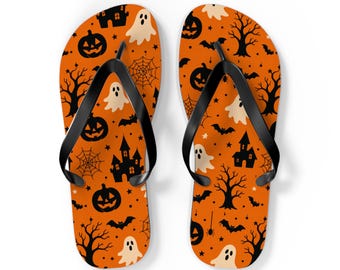 Klapki na Halloween | Klapki z nadrukiem dla kobiet i mężczyzn | Upiorne sandały plażowe | Prezent na Halloween | Buty z dyniowym duchem i nietoperzem l Prezent urodzinowy