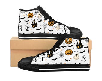 Halloween High Top Sneakers | Custom Canvas Shoes Women Men | Spooky Ghost Pumpkin Bat Shoes | Halloween Gift l Birthday Gift