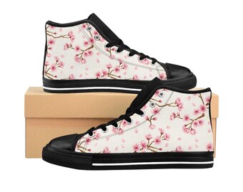 Pink Cherry Blossom High Tops Canvas l Custom Sneakers | High Top Canvas Shoes for Women | Personalized Sneakers | Gift for Her