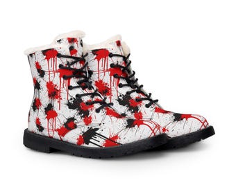 Red & Black Splatter Fur Lined Boots | Custom Sneakers Canvas Boots | High Top Canvas Shoes Women | Streetwear Sneakers | Gift for Her