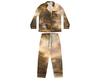 Pastoral Landscape Oil Painting Satin Pajamas | Old English Style Lounge Set