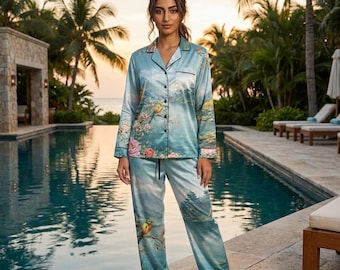 Pijama de satén con estampado de pájaros y flores, ropa de estar por casa de estilo chino.