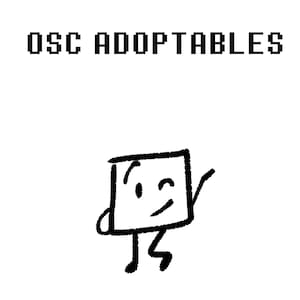 Op de afbeelding: Zwart-witte digitale illustratie met de tekst "OSC ADOPTABLES" boven een knipogend vierkant karakter met armen en benen. Het karakter is getekend met dikke zwarte lijnen op een witte achtergrond.