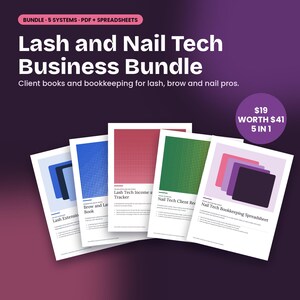 May include: A digital business bundle for lash and nail technicians featuring five PDF and spreadsheet systems. The documents include Lash Extension, Brow and Lash, Income and Tracker, Client Record, and Bookkeeping Spreadsheet templates.