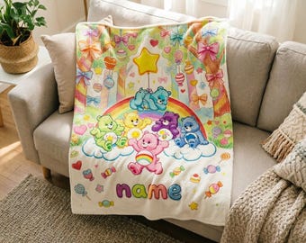 Personalized Care Bears Blanket Soft Throw, Custom Name Baby Blanket, Baby Shower Gift