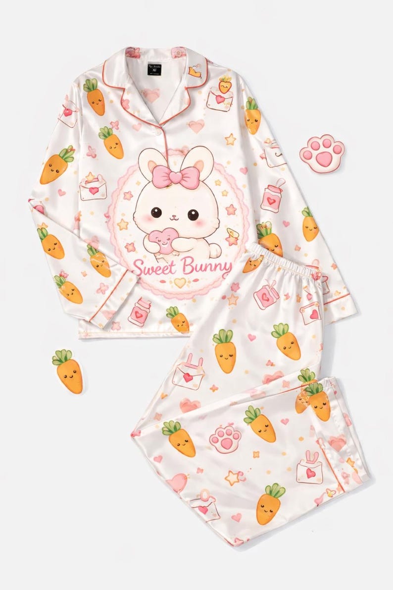 Pu&ograve; includere: Set pigiama in raso bianco con un motivo ripetuto di carote, cuori e buste. La parte superiore presenta una grafica di coniglietto dei cartoni animati con il testo "Sweet Bunny". Il set include una camicia abbottonata a maniche lunghe e pantaloni abbinati.