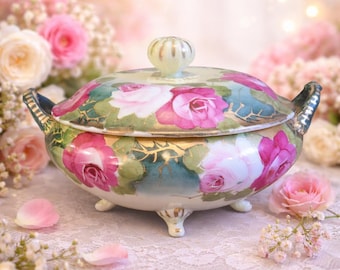 Antique Nippon Biscuit Jar Hand Painted Roses