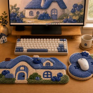 Può includere: Un'impostazione da scrivania stravagante con un tappetino per mouse a forma di casa blu e crema e una tastiera abbinata. Un tappetino per mouse a tema mirtillo e un monitor di computer che mostra una scena di casa di mirtilli completano l'estetica. Sono presenti anche una tazza e una piccola statuina a forma di casa.