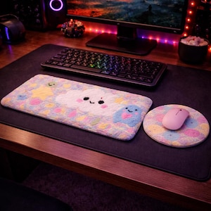 Pastel Punch Needle Keyboard Wrist Rest, Cute Cloud Desk Mat, Aesthetic Mouse Pad Set, Kawaii Desk Setup, Handmade Desk Accessories