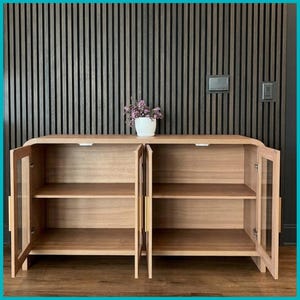 Handmade 59” Sideboard Buffet Cabinet with Storage, 4 Glass Doors, Adjustable Shelves, Coffee Bar Console Table for Kitchen & Living Room