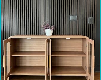 Handmade 59” Sideboard Buffet Cabinet with Storage, 4 Glass Doors, Adjustable Shelves, Coffee Bar Console Table for Kitchen & Living Room