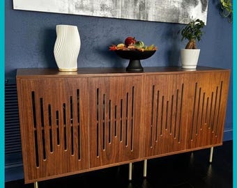 Set of 2 Walnut Sideboard Cabinets, 59" Modern Buffet with Carved Doors, Adjustable Shelves