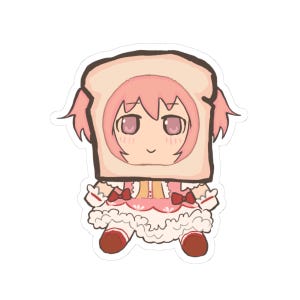 May include: A sticker featuring a cartoon character with pink hair and eyes, wearing a bread-shaped hat. The character is dressed in a pink and white dress with red bows and shoes. The sticker has a white border.