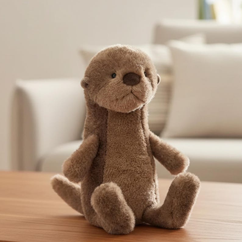 Op de afbeelding: Een bruin otter knuffel met een zacht, getextureerd uiterlijk. Het knuffeldier heeft een ronde kop, kleine oren en een donkerbruine neus. Het zit rechtop met uitgestrekte armen en benen.