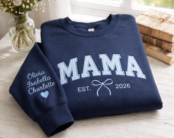 Custom Mama Sweatshirt with Kids Names on Sleeve, Personalized Embroidered Mama Est 2026 Crewneck, Gingham Plaid Bow Shirt, New Mom Gift