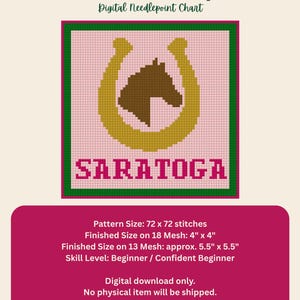 May include: Digital needlepoint chart featuring a horse head within a gold horseshoe on a pink background, with the word "SARATOGA" in pink. The chart is for a design that measures approximately 4" x 4" on 18 mesh, and 5.5" x 5.5" on 13 mesh.