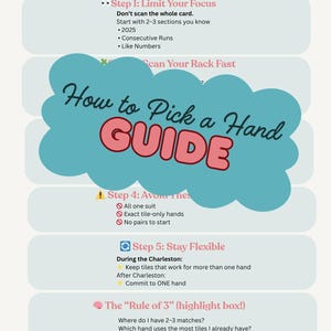 May include: A guide titled "How to Pick a Hand" with a cloud-shaped graphic. The guide provides steps for choosing a hand, including limiting focus, avoiding certain hands, and staying flexible. The text is in a playful font with a pink and blue colour scheme.