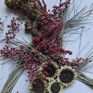 Könnte beinhalten: Ein Arrangement aus getrockneten Blumen und Beeren, darunter Sonnenblumen, rote Beeren und federartige Gräser. Das Arrangement zeigt eine Vielzahl von Texturen und Farben, mit einem Fokus auf natürliche Elemente. Die Komposition ist auf einer weißen Oberfläche angeordnet.
