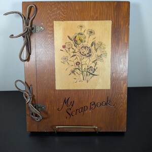 Vintage Handmade Wooden Scrapbook Cover | Rustic Memory Book Binder | Floral Wood Cover with Leather Ties | Cottagecore Decor | Empty Book