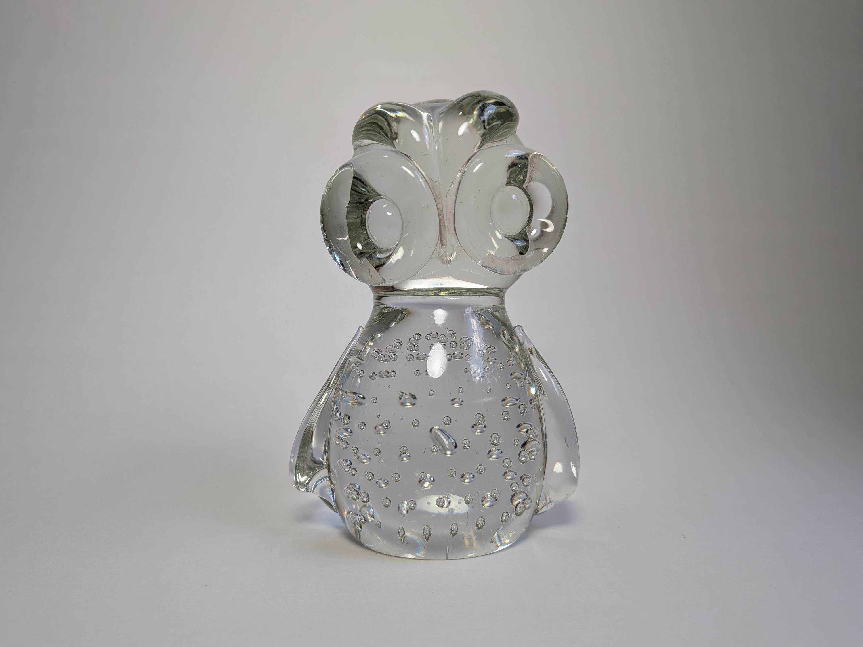 Vintage Art Glass Owl Figurine | Large Clear Bubble Glass Owl | Mid Century Modern Owl Paperweight D