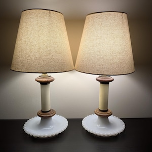 Vintage Pair of Hobnail Milk Glass Table Lamps with Oak Wood Accents, Cottage Farmhouse Lighting, Matching Bedside Lamps with  Shades