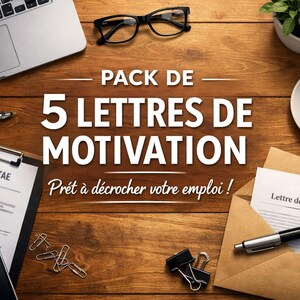 Könnte beinhalten: Ein Holztisch mit einem Laptop, einer Brille und einer Tasse Kaffee. Der Text "PACK DE 5 LETTRES DE MOTIVATION" wird zusammen mit einem Lebenslauf und einem Anschreiben angezeigt. Ein Stift, Büroklammern und eine Pflanze sind ebenfalls sichtbar.