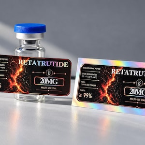 May include: A clear glass vial with a blue cap and a black label featuring the text RETATRUTIDE 20MG, alongside a matching rectangular sticker. The labels display a fiery orange graphic, purity of 99%, and storage instructions in 2°C-8°C.