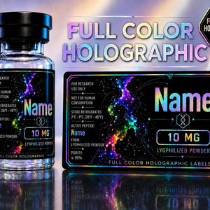 May include: A clear glass vial with a black cap and a rectangular label featuring a black background, a colorful nebula graphic, and holographic text reading Name, 10 MG, and Lyophilized Powder, alongside a matching rectangular sticker label.
