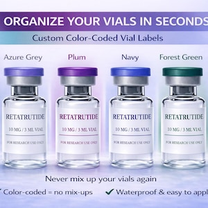 May include: Image of four vials with color-coded caps in azure grey, plum, navy, and forest green. Each vial contains "RETATRUTIDE" and is labeled "10 MG / 3 ML VIAL". The text "ORGANIZE YOUR VIALS IN SECONDS" is at the top.