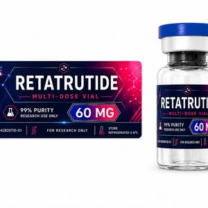 May include: A clear glass multi-dose vial with a blue cap and a label reading RETATRUTIDE, 60 MG, 99% PURITY, RESEARCH USE ONLY, LOT# 042820TID-01, and STORE REFRIGERATED 2-8°C. The label features a dark blue and red gradient background design.