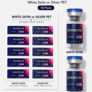 May include: Image of custom research vial labels. The labels are available in white satin or silver PET, with a 10-pack option. The labels feature the text "RETATRUTIDE" and "60 MG". The image also shows a vial with a blue cap.