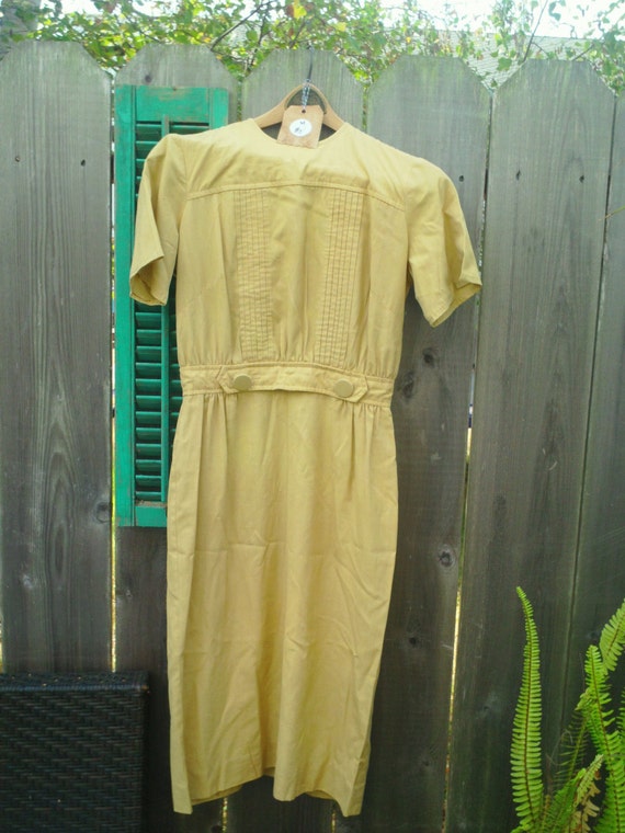 Womens Vintage Mustard Yellow Button Dress - Gem