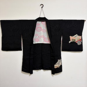 Vintage Japanese Haori Kimono Jacket, Sleek Black with Retro Mosaic Geometric Pattern, Traditional Wa-Modern Cardigan, Chic Gift for Her