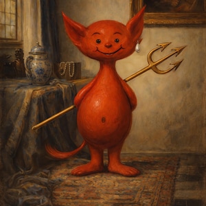May include: A whimsical painting of a red imp-like creature with a golden trident and a pearl earring. The imp stands on a patterned rug in a room with a painting and a draped table. The imp has a smiling expression.