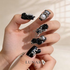 Black Rhinestone Coffin Press On Nails, Handmade Gothic False Nails, 3D Floral Silver  Reusable