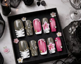 Uñas postizas cuadradas con estampado floral rosa, ideales para el Día de la Madre, con punta francesa brillante, manicura hecha a mano y tamaño personalizado.