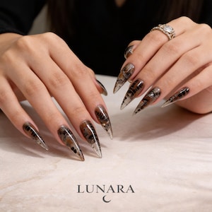 Könnte beinhalten: Lange, spitze Acrylnägel mit einem braunen und schwarzen Design. Die Nägel haben eine transparente Basis mit komplizierten Mustern. Das Wort "LUNARA" befindet sich am unteren Rand des Bildes.
