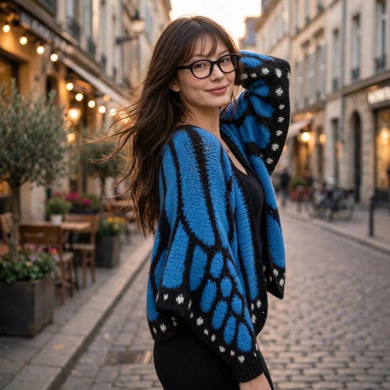 May include: A knitted cardigan featuring a vibrant blue and black butterfly wing pattern with small white accents along the edges. The garment has long sleeves and an open front design, worn over a simple black top with black-rimmed glasses.
