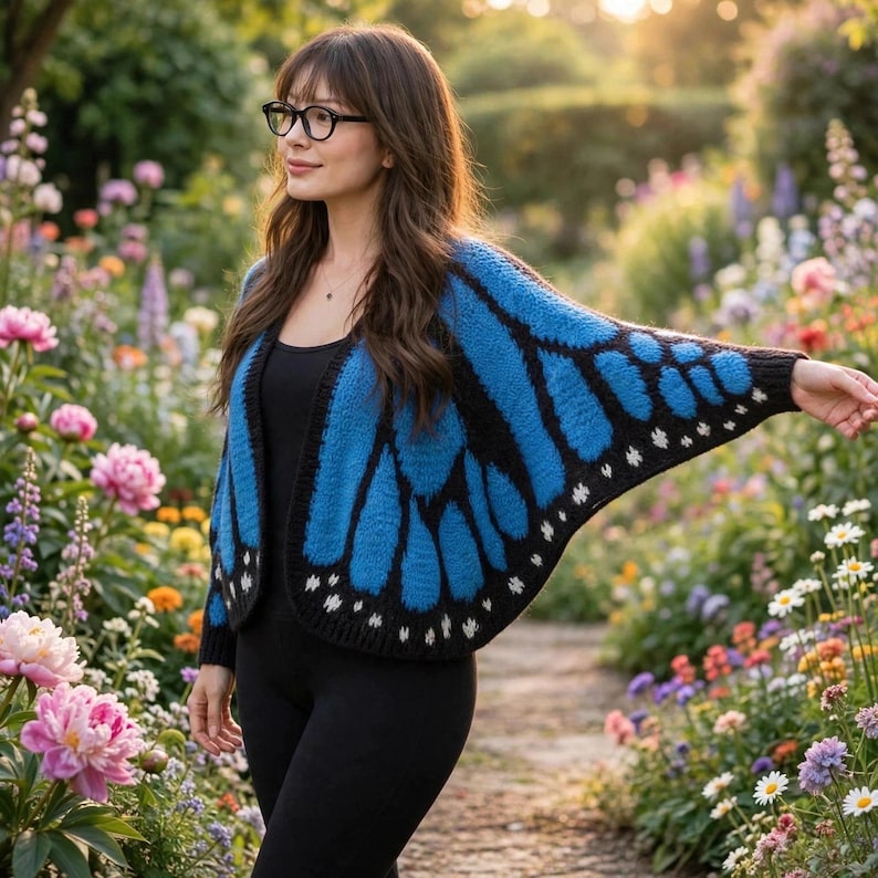 May include: A blue and black open-front cardigan featuring a butterfly wing pattern with white accents along the edges. The garment has long sleeves and a textured knit construction, worn over a solid black top and black pants.