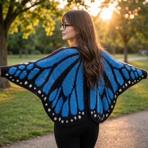 May include: A crochet shawl designed to resemble butterfly wings, featuring a vibrant blue and black pattern with small white accents along the edges. The garment is worn draped over the shoulders, extending outward to mimic the shape of wings.