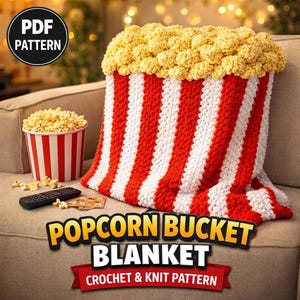 May include: A handmade popcorn bucket blanket with red and white stripes, topped with yellow popcorn-like texture. A red and white popcorn bucket and a remote control are next to the blanket. The text "Popcorn Bucket Blanket" and "Crochet & Knit Pattern" are displayed.