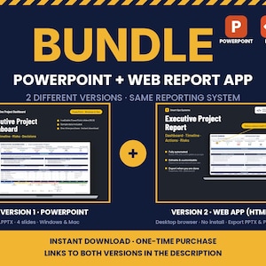 May include: A digital bundle featuring an Executive Project Dashboard in PowerPoint and an Executive Project Report in an HTML web app. The dark blue graphic includes yellow text, icons for PowerPoint and HTML, and labels for both versions.
