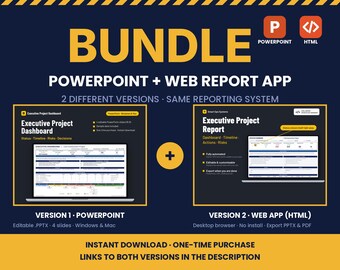 Executive Project Report Bundle | PowerPoint + HTML Web App | Construction Dashboard, KPI, Timeline, Risk Matrix | Digital Download