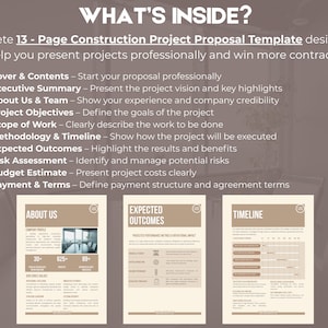 May include: A 13-page construction project proposal template is displayed. The image details the template's contents, including cover, executive summary, team details, project objectives, scope of work, methodology, expected outcomes, risk assessment, budget, and payment terms.
