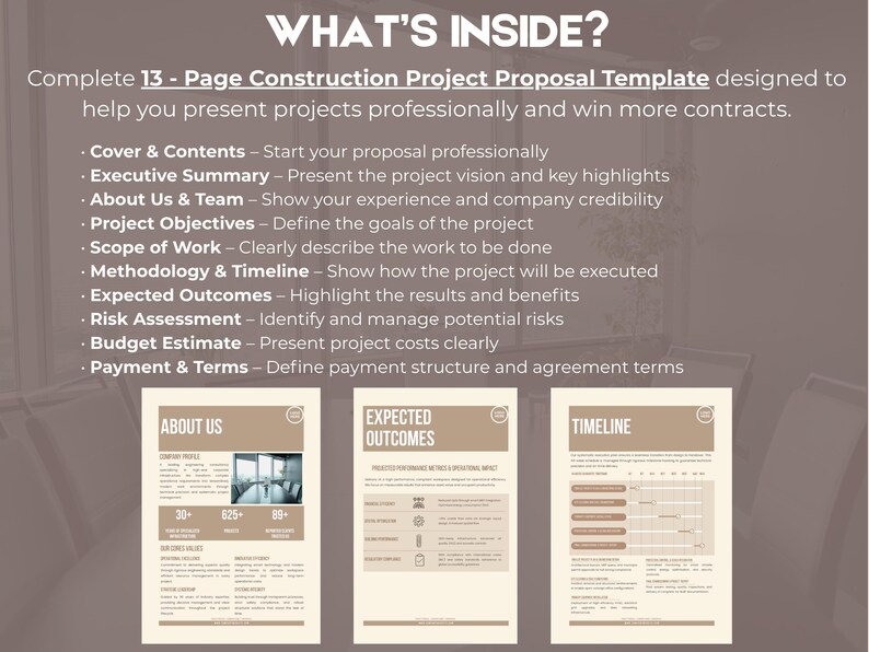 May include: A 13-page construction project proposal template is displayed. The image details the template's contents, including cover, executive summary, team details, project objectives, scope of work, methodology, expected outcomes, risk assessment, budget, and payment terms.