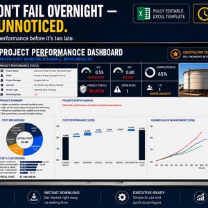 May include: A laptop screen displaying a Project Performance Dashboard Excel template. The interface features cost breakdowns, performance charts, and project status metrics. Text includes 'PROJECTS DON'T FAIL OVERNIGHT — THEY FAIL UNNOTICED' and 'REAL-TIME CONTROL'.